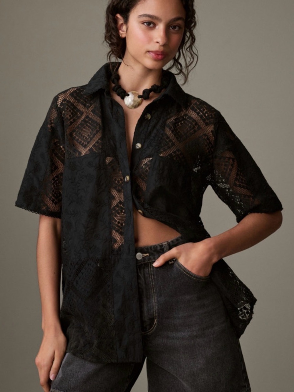 FARM Rio Black Lace Button-Down Shirt